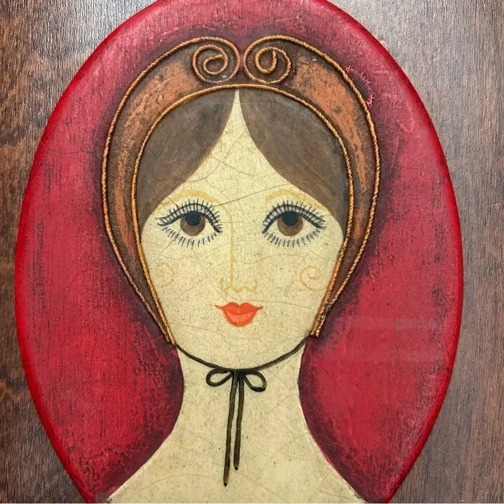 Rare Vintage 1960s Red Wooden Handmade Decorative Hand Mirror, Artist Signed